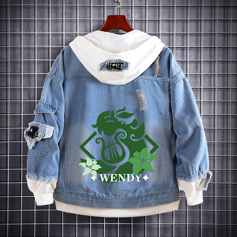 Unisex Game Logo Loose Hooded Denim Coat