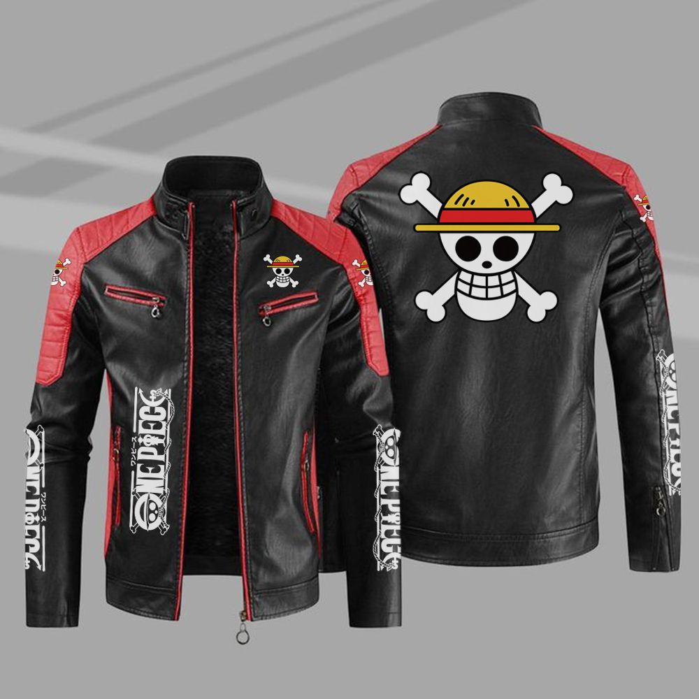Luffy Logo Printed Zipper Leather Jacket