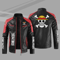 Luffy Logo Printed Zipper Leather Jacket