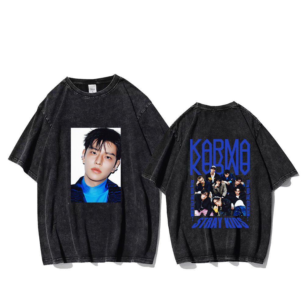 KPOP KARMA Character LOGO Printed Washed T-shirt