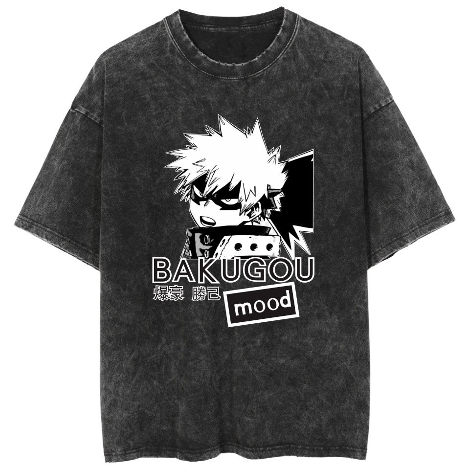 Trendy Anime Pattern Crew Neck Washed T-Shirt