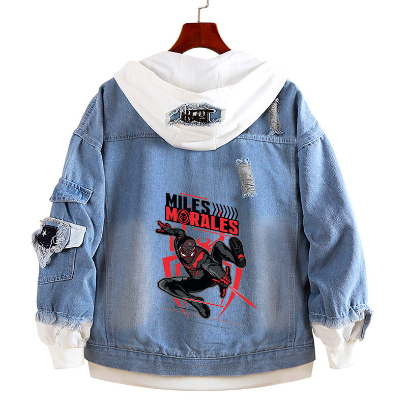 Unisex Comic Spider Fake Two Piece Hooded Denim Jacket