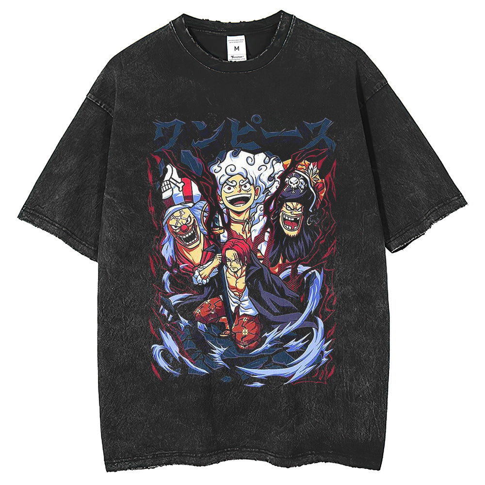 Retro Style Unisex Washed Anime Print T-shirt