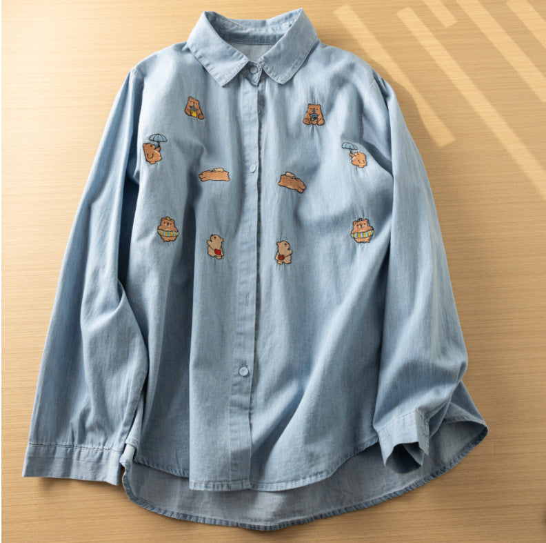 Women's Embroidery Washed Denim Long-sleeved Shirt