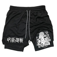 Men's Summer Anime Printed Double-layer Fitness Shorts