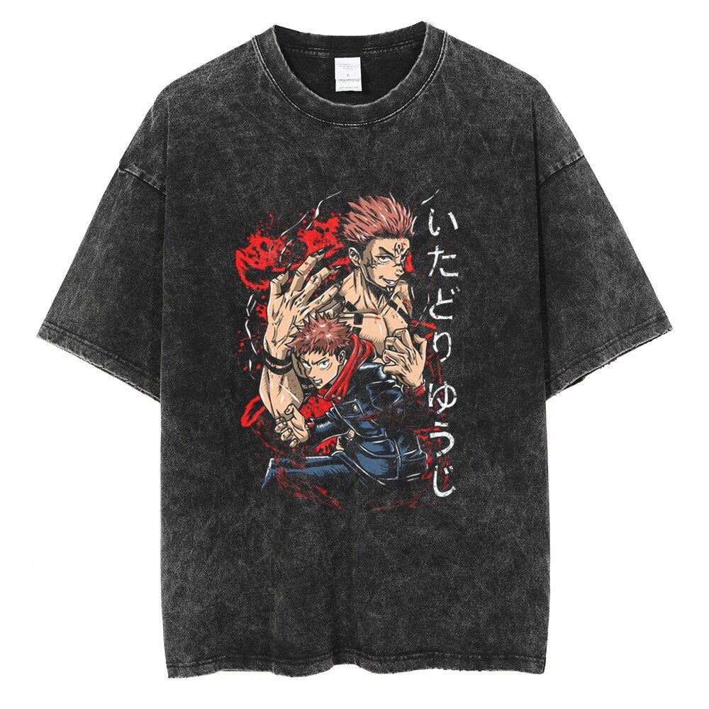 Casual Retro Washed Anime Graphic T-shirt