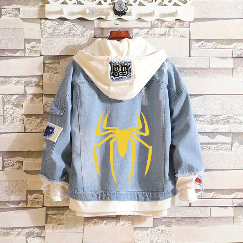 Unisex Spider Graphic Print Hooded Denim Jacket