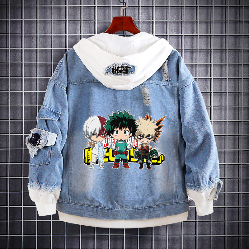 Unisex Anime Printed Hooded Denim Jacket