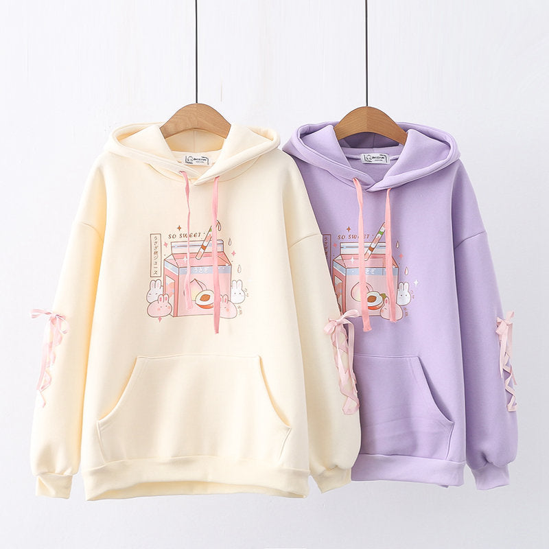 Rabbit Drink Print Thickened Pullover Hoodie