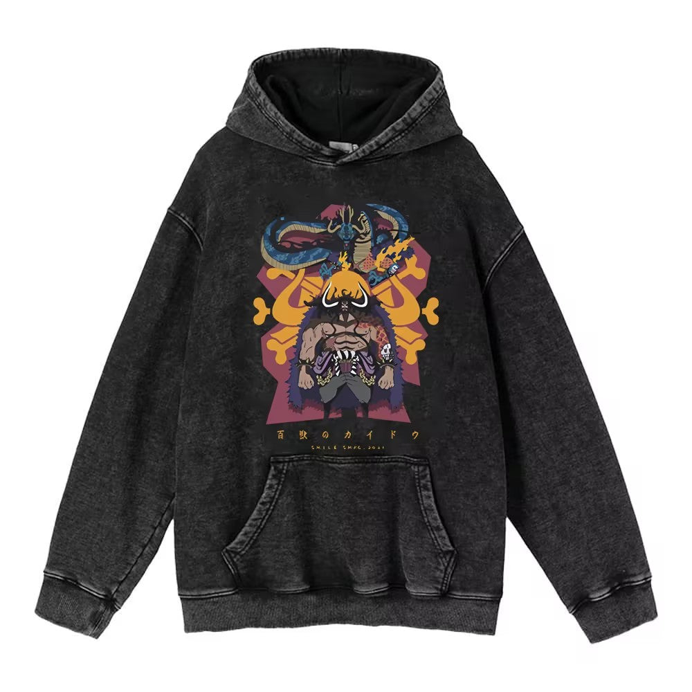 Retro Anime Printed Pullover Washed Hoodie