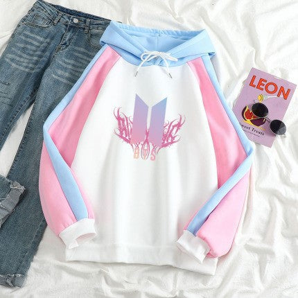 Cartoon Kpop Letter Print Color Block Hoodie