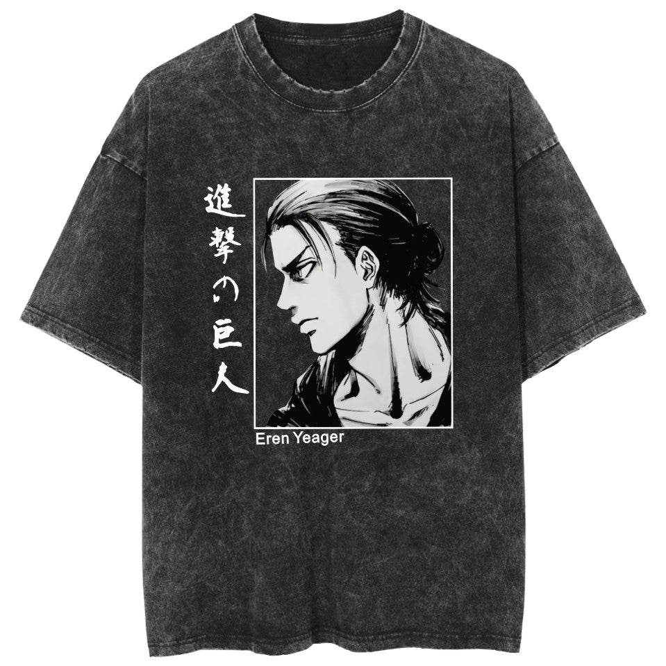 Unisex Casual Washed Anime Cotton T-shirt