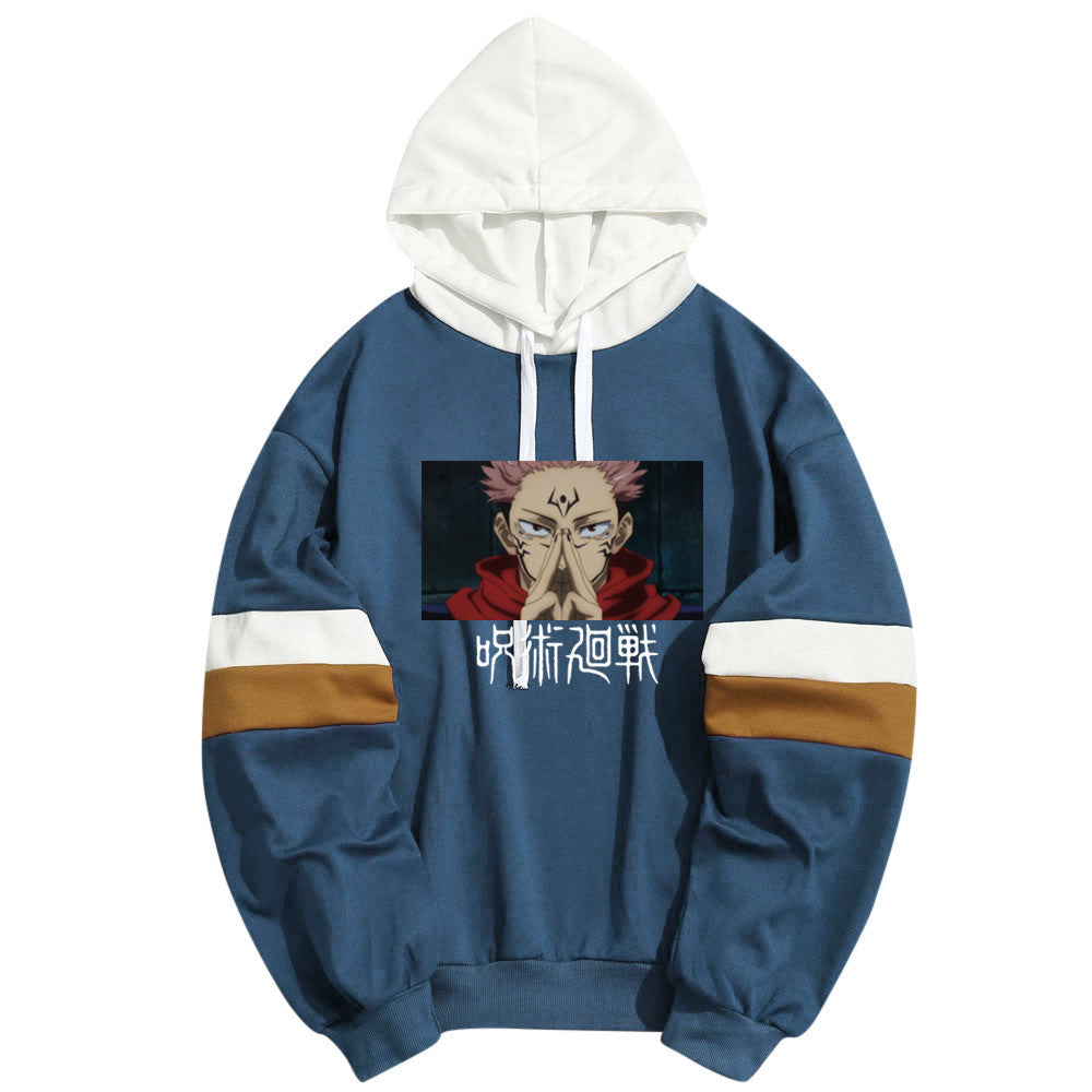 Unisex Anime Printed Color Block Casual Hoodie