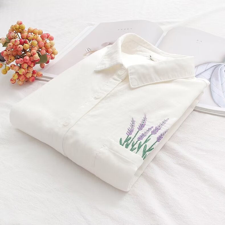 Casual Women's Pocket Floral Embroidery Shirt