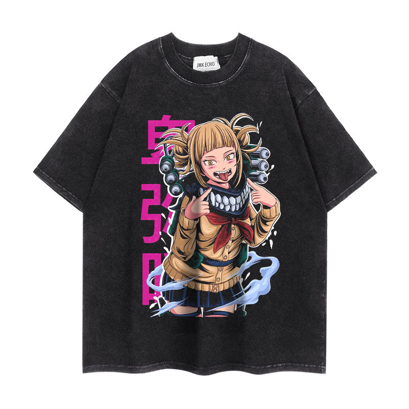 Trendy Anime Cotton Washed Short-sleeved T-shirt Top
