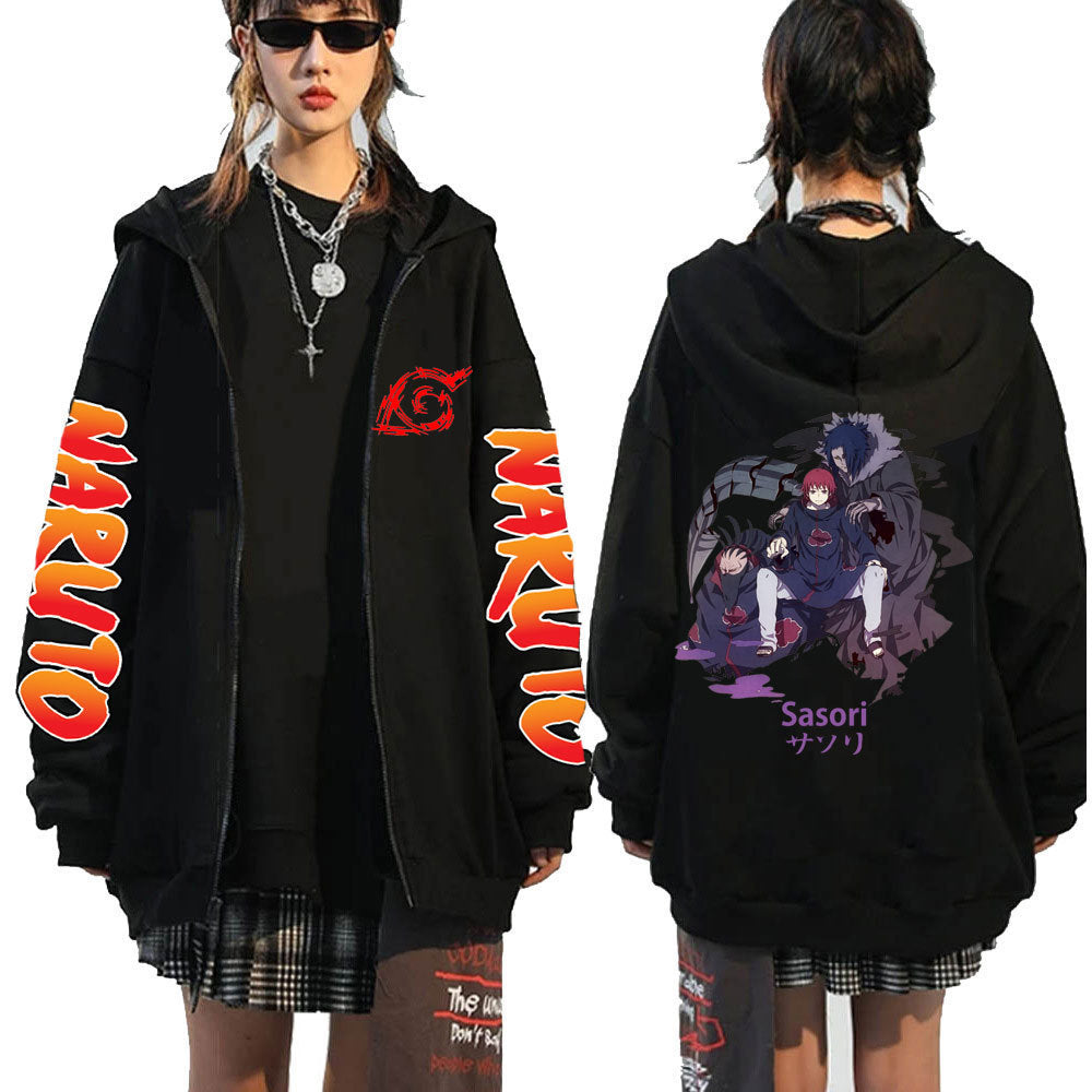 Unisex Casual Anime Black Zipper Hoodie