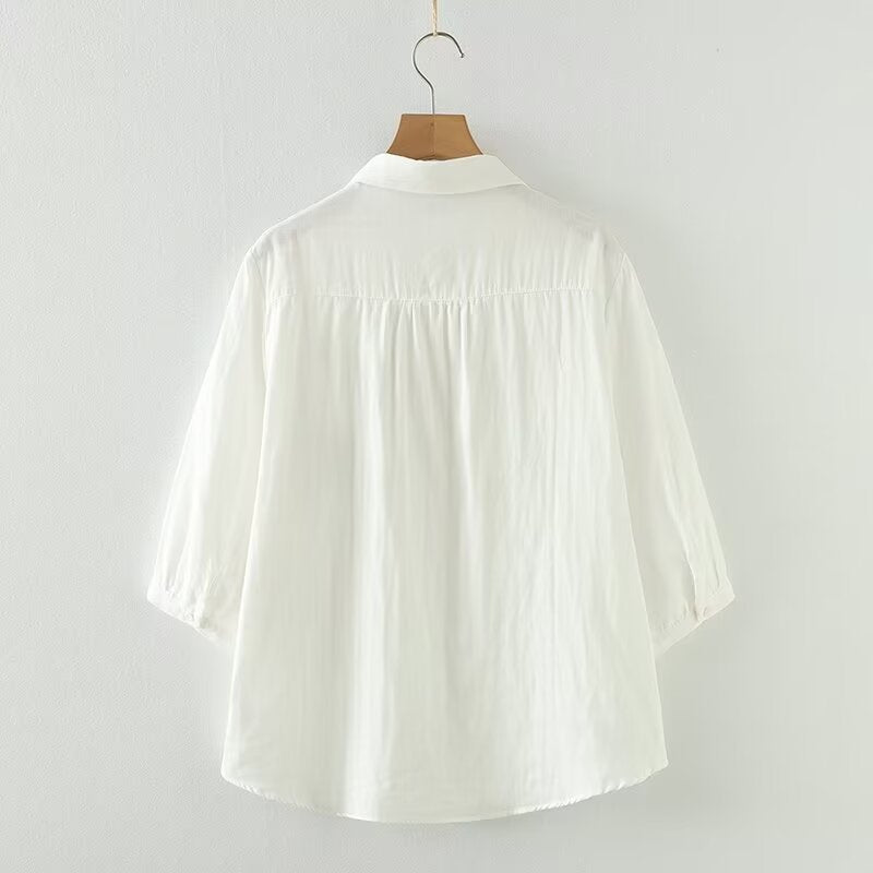 Flower Embroidery Medium-sleeved Women's Cardigan Shirt