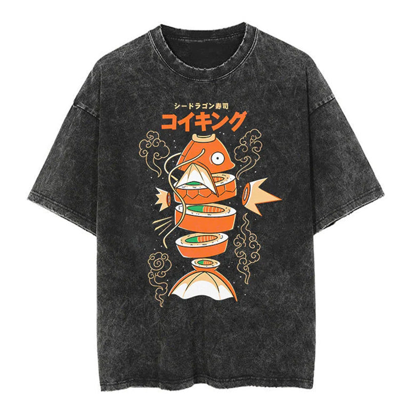 Unisex Anime Pattern Washed Short Sleeve T-Shirt