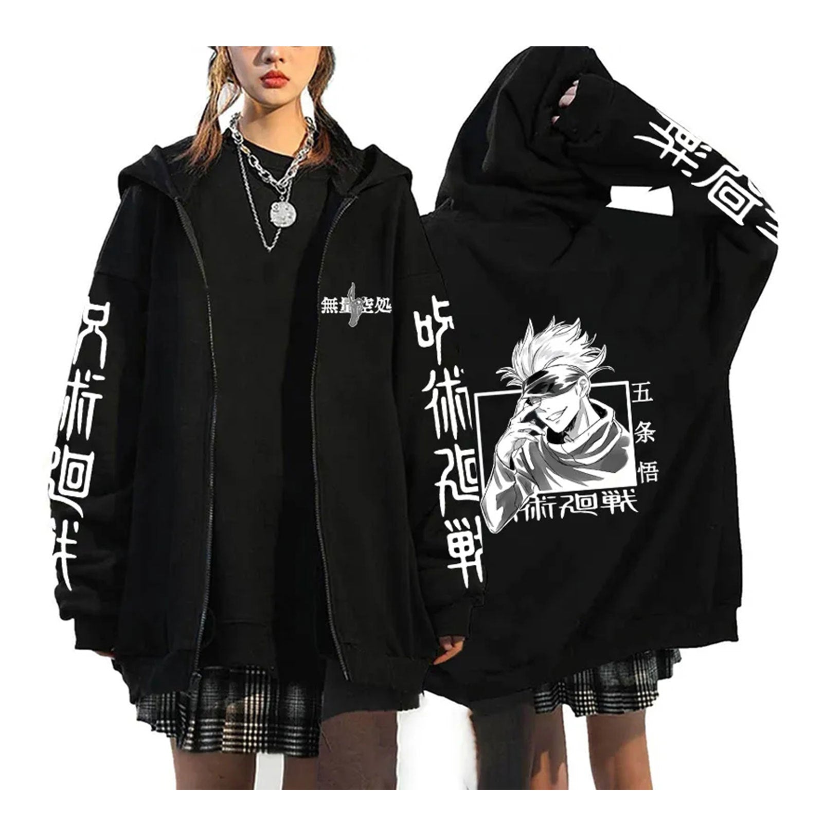 Unisex Anime Printed Black Zipper Hoodie