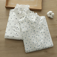 Korean Style Standing Collar Printed Cotton Shirt