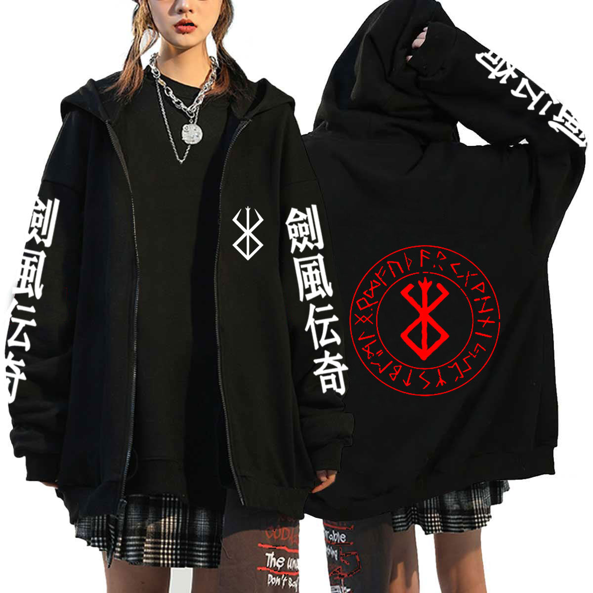 Unisex Anime Print Loose Zipper Black Hoodie