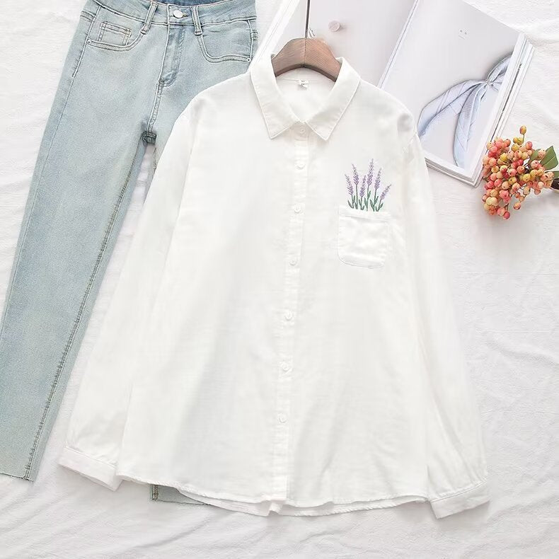 Casual Women's Pocket Floral Embroidery Shirt