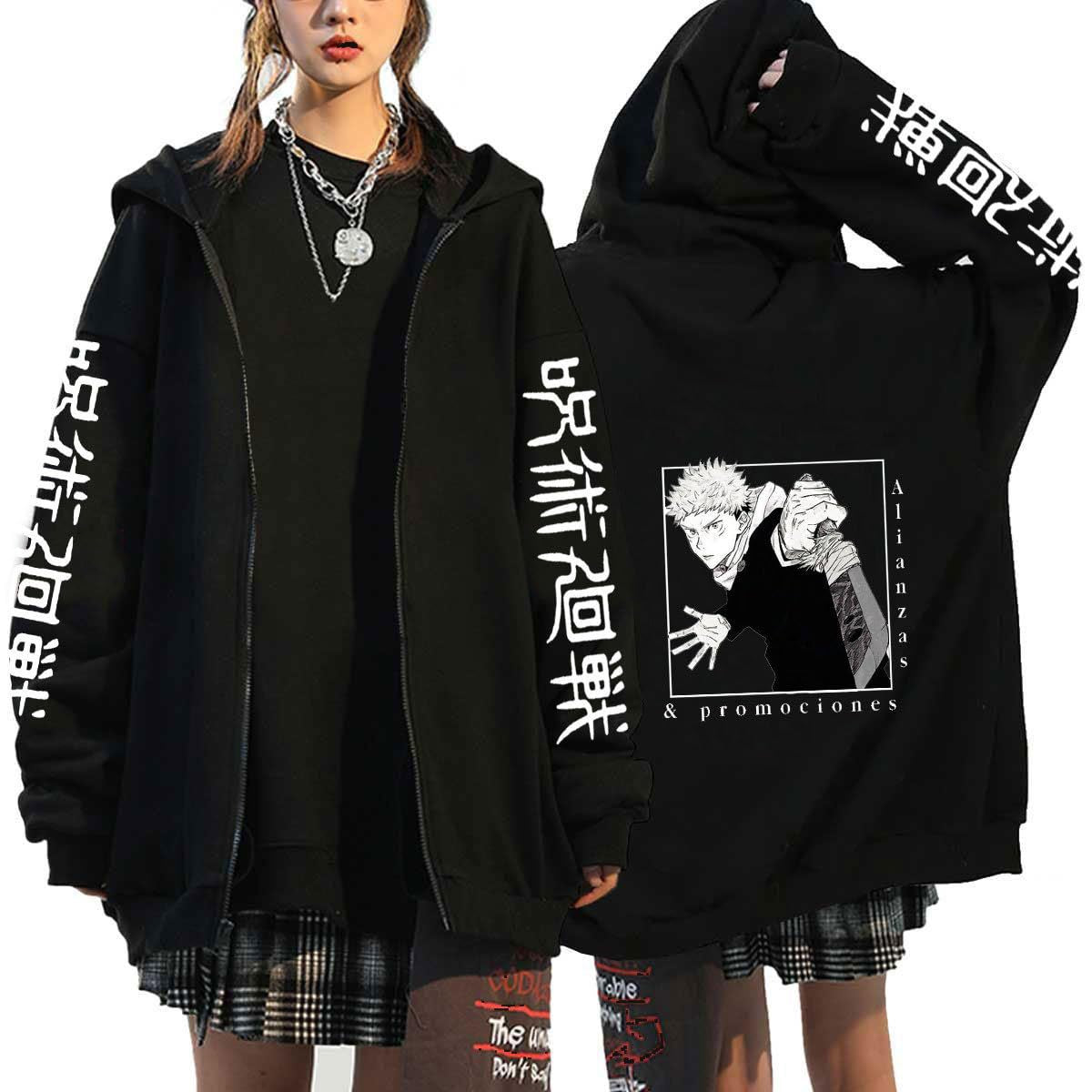 Unisex Trendy Anime Casual Black Zipper Hoodie