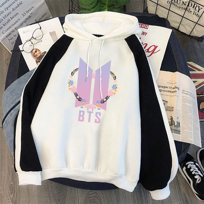 Cartoon Kpop Letter Print Color Block Hoodie