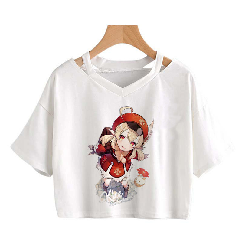 Cute Girls Hutao Game Print Cropped T-shirt