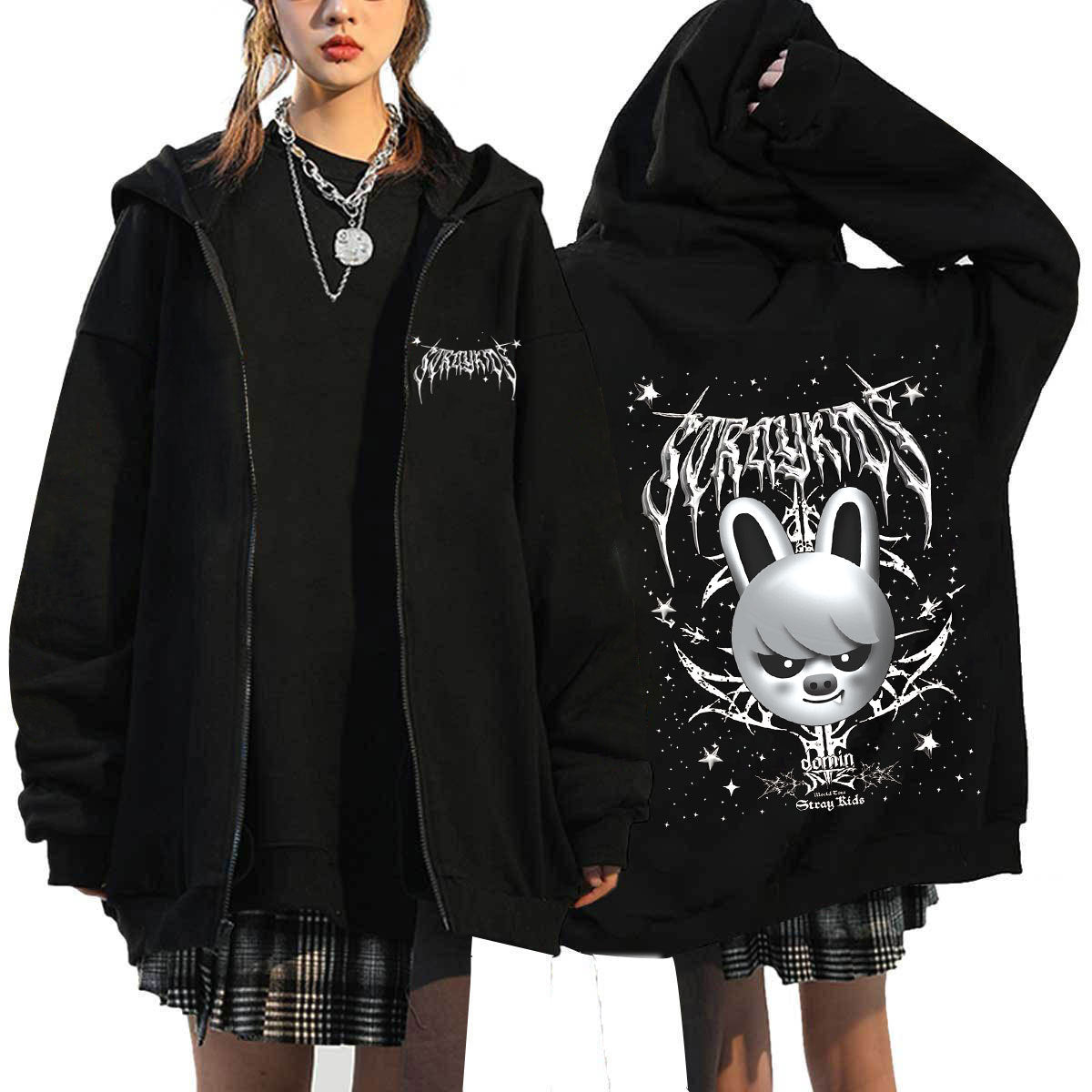 Evil SKZ Animal Characters Print Zip Up Black Hoodie