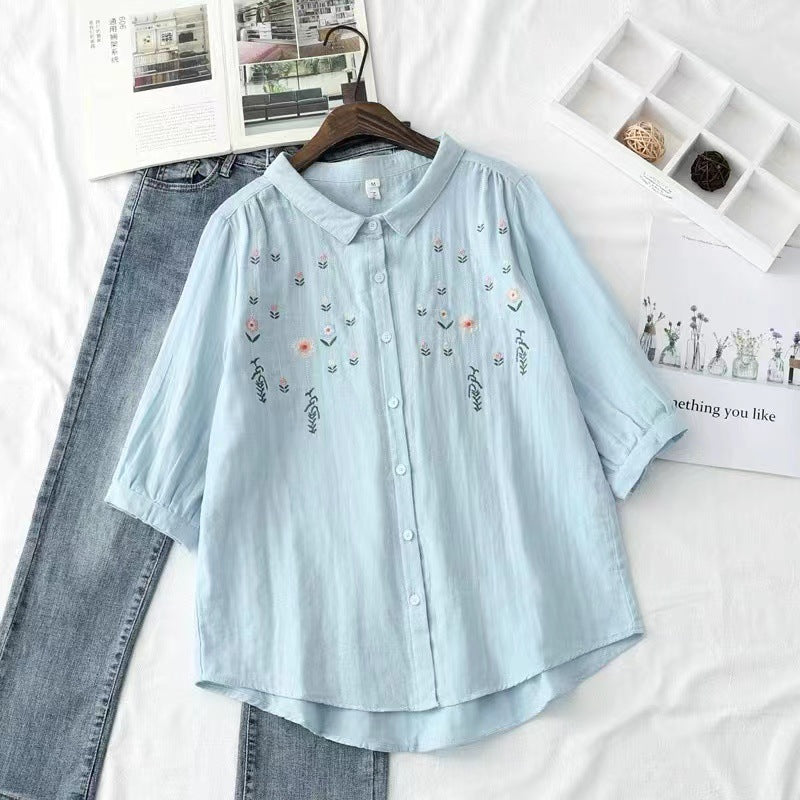 Flowers Embroidery Loose Ladies Cardigan Shirt