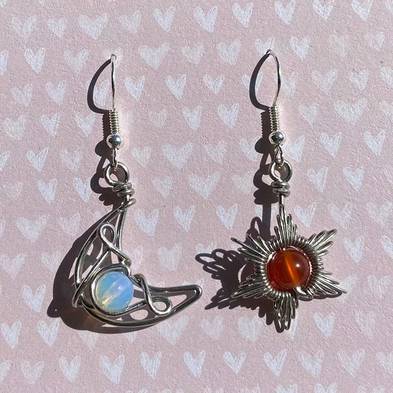 Sun and Moon Earrings Wire-Wrapped Crystal Earrings