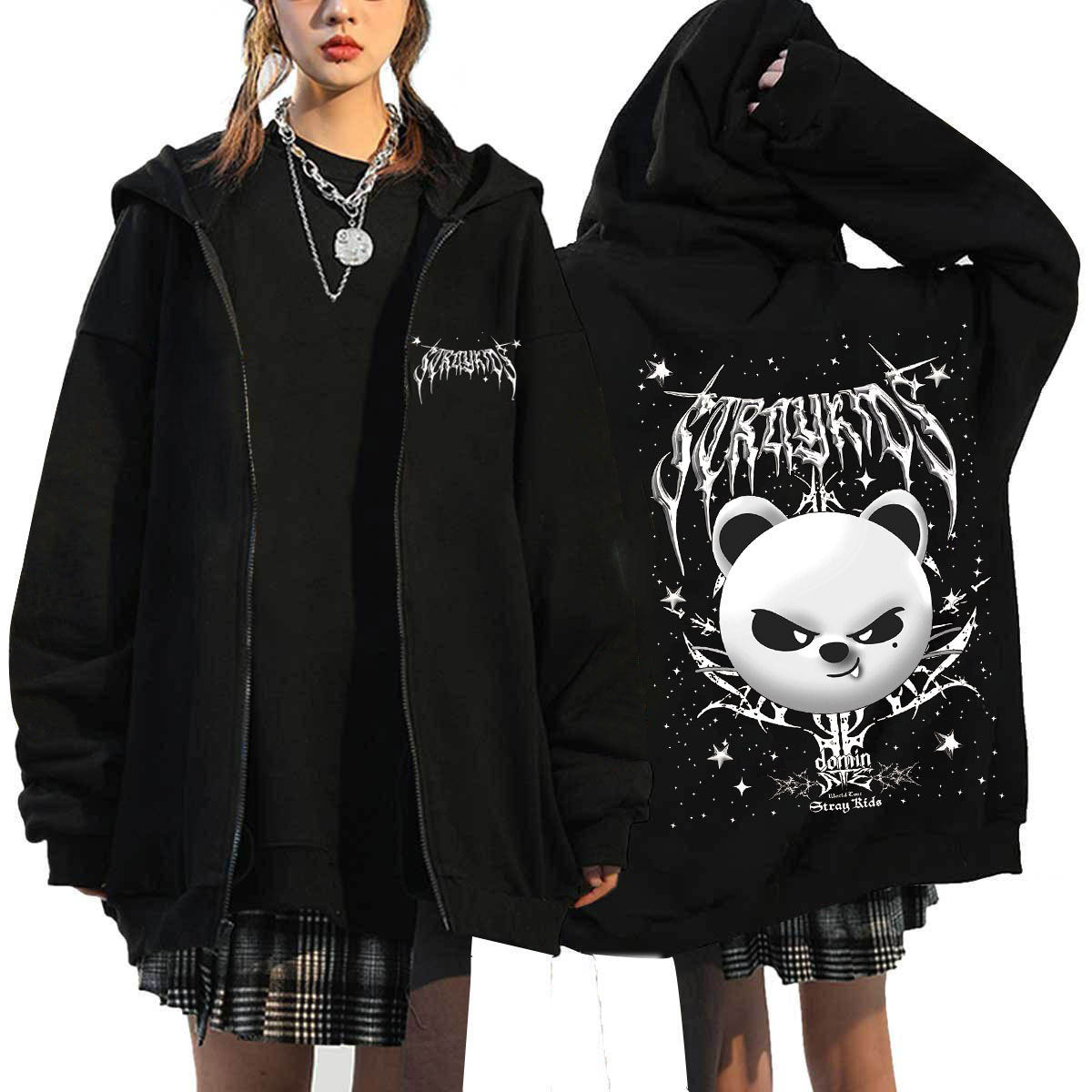 Evil SKZ Animal Characters Print Zip Up Black Hoodie