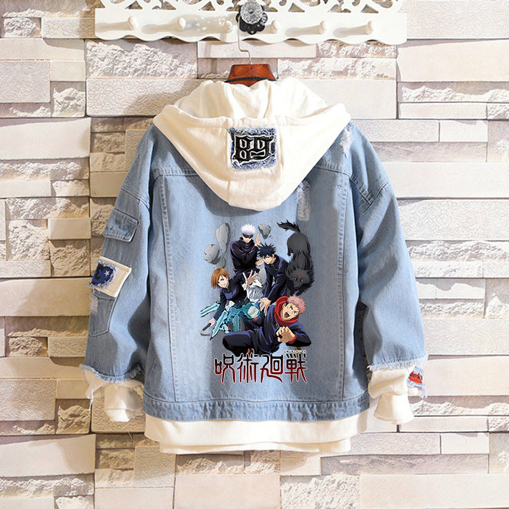 Trendy Anime Printed Unisex Hooded Denim Jacket