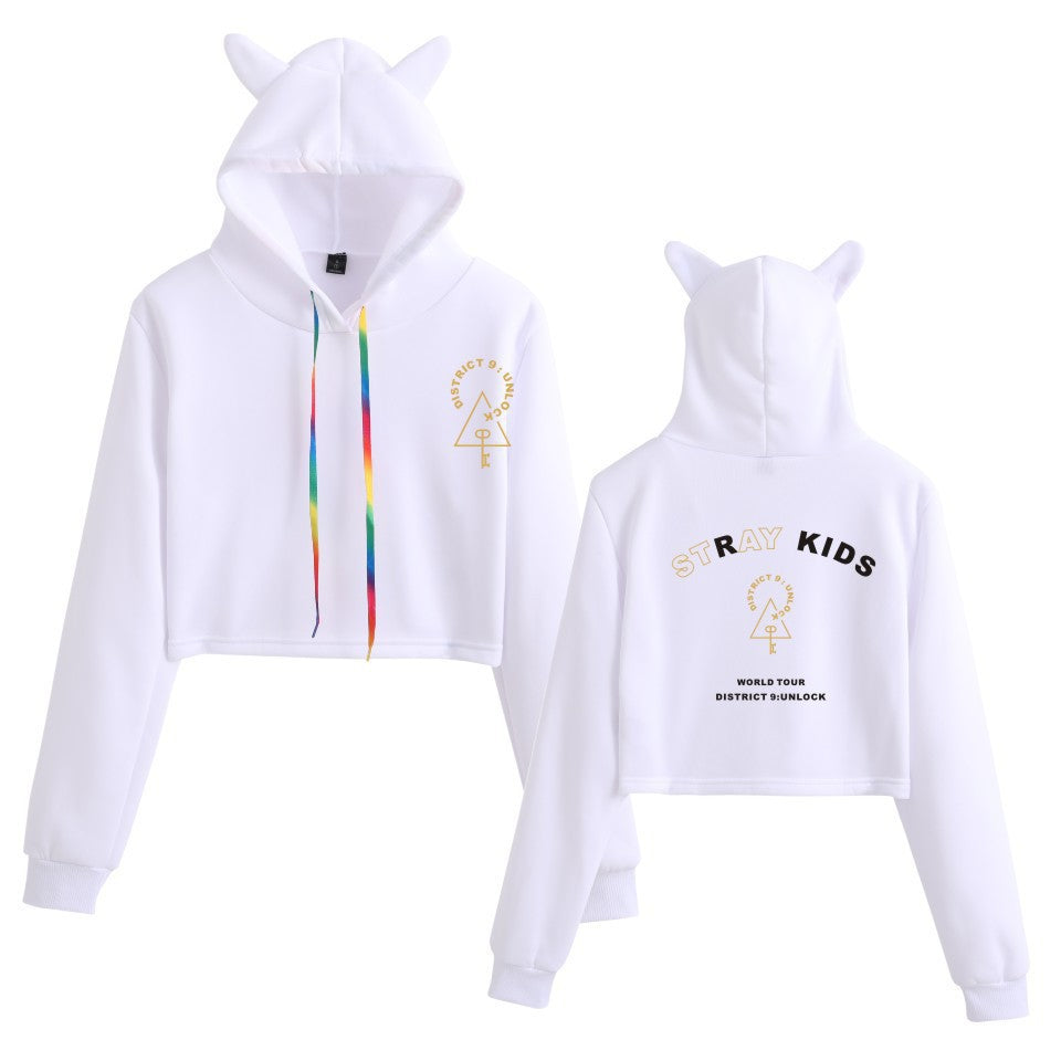 Cute Girls Kpop Cat Ears Cropped Hoodie