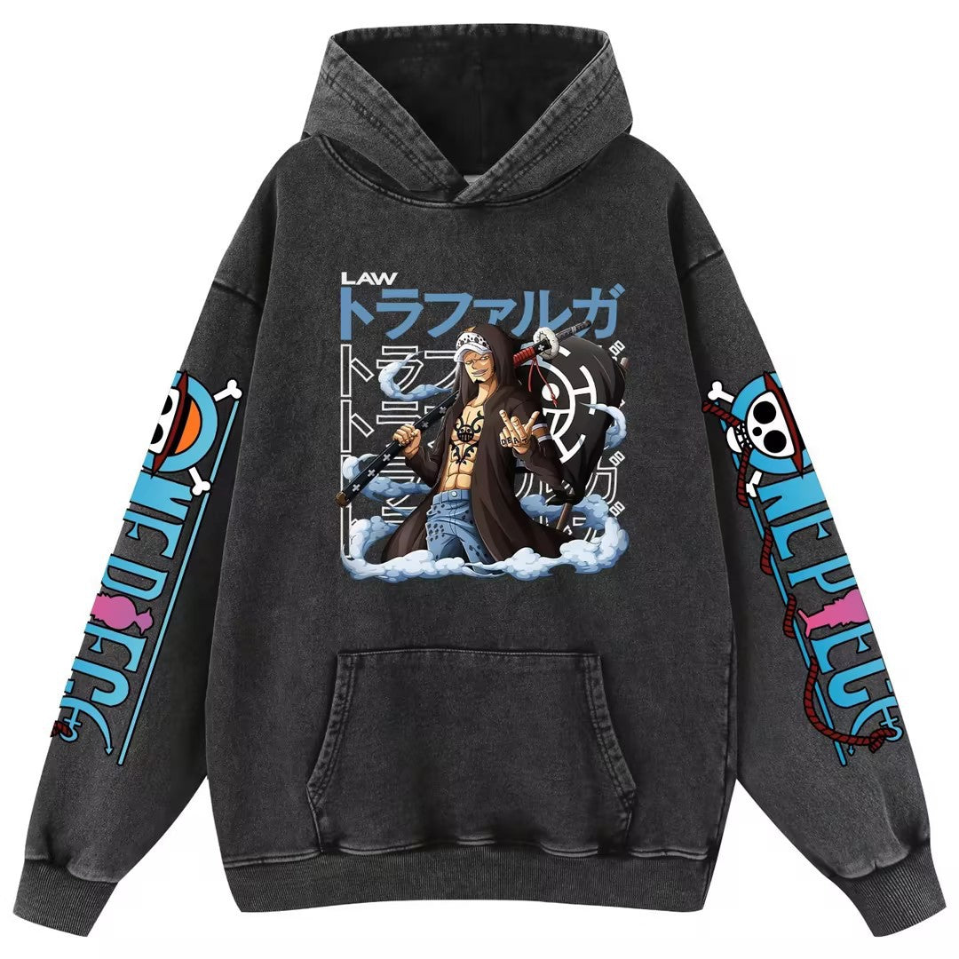 Retro Anime Printed Pullover Washed Hoodie