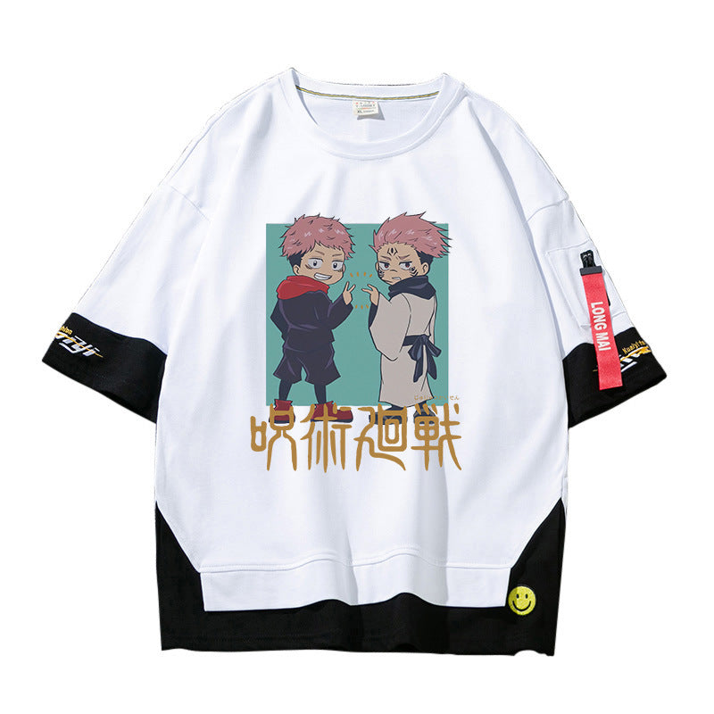 Unisex Anime Fake Two Short-sleeved Loose T-shirt