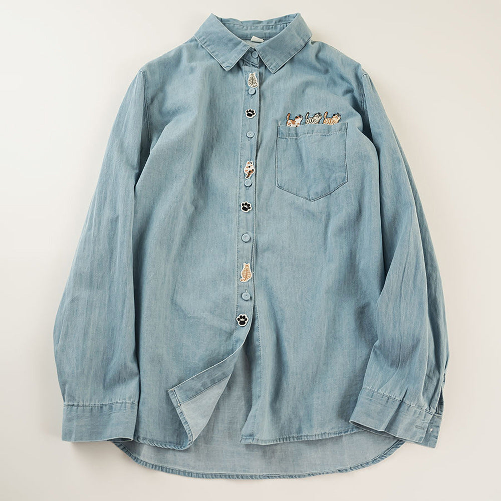 Women's Embroidery Washed Denim Long-sleeved Shirt