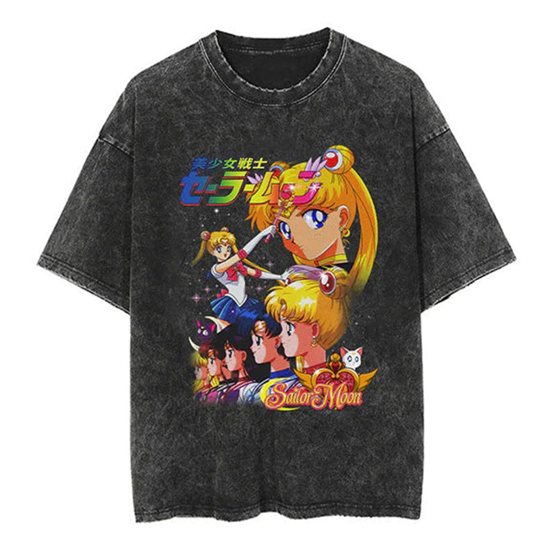Unisex Anime Pattern Washed Short Sleeve T-Shirt