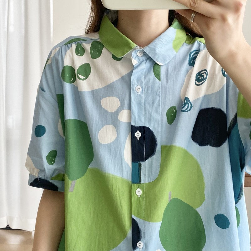 Japanese Mori Graffiti Color Print Loose Short Sleeve Shirt