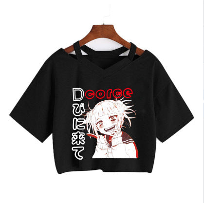 Trendy Women's V-Neck Anime Short Sleeve Crop Tee