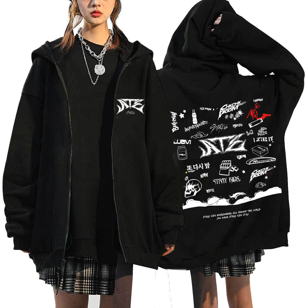 KPOP ATZ Logo Print Loose Zipper Hoodie