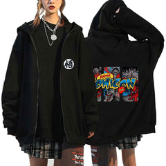 Versatile Anime Printed Zipper Black Hoodie