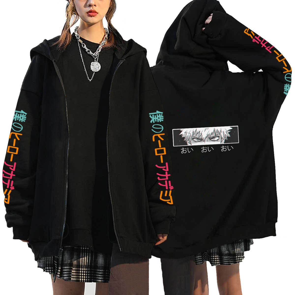 Unisex Trendy Anime Printed Black Zipper Hoodie