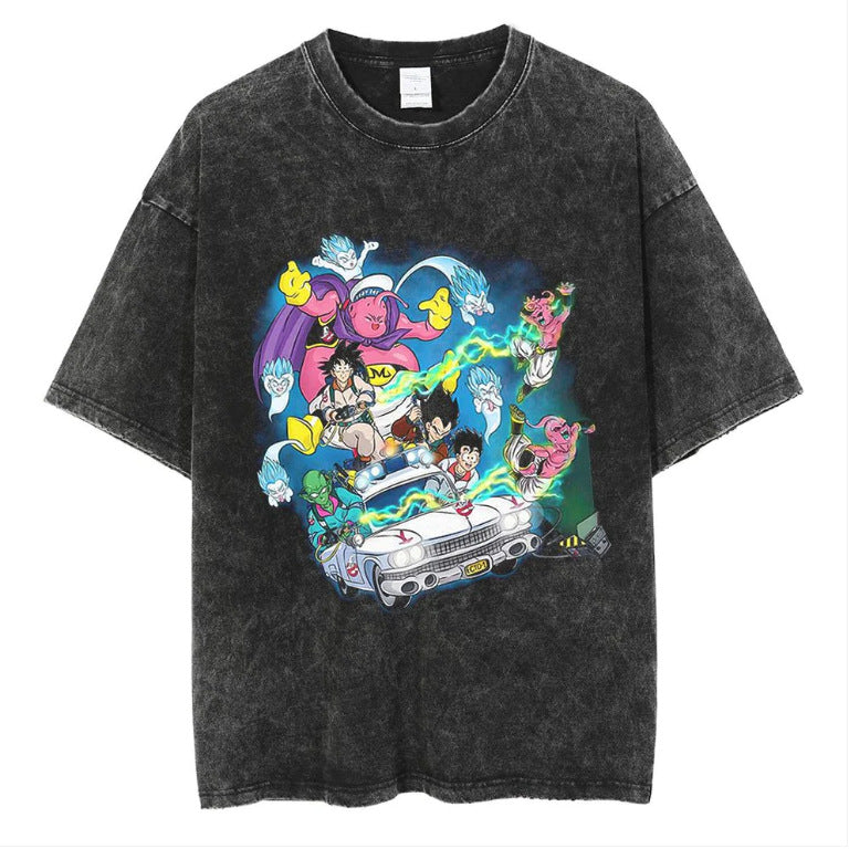 Vintage  Anime Washed Printed Short-sleeved T-shirt