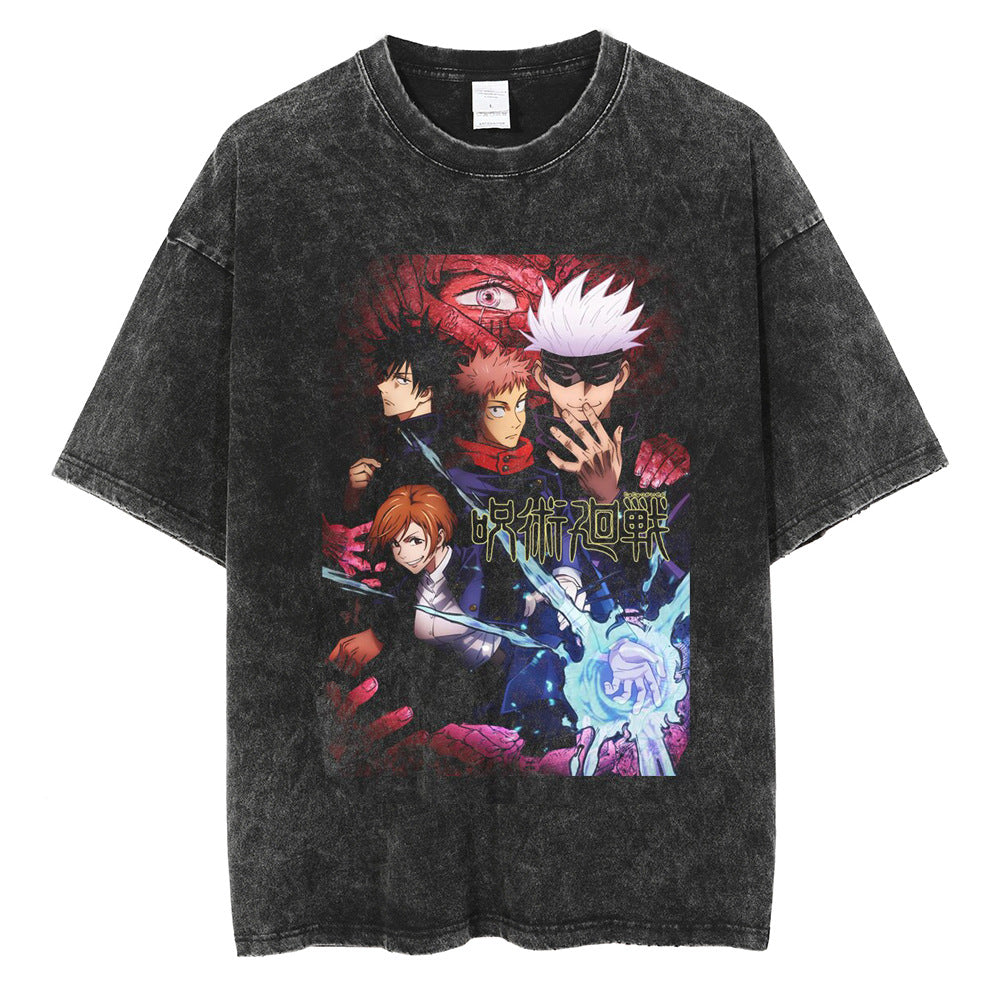 Men's Washed Retro Anime Print Cotton T-shirt