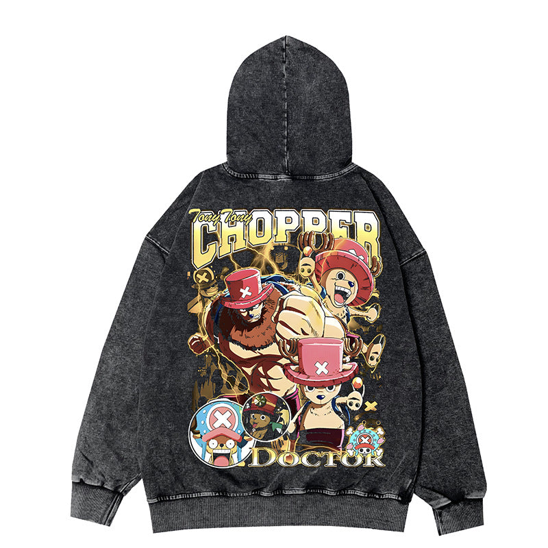 Retro Luffy Anime Zipper Washed Hooded Jacket