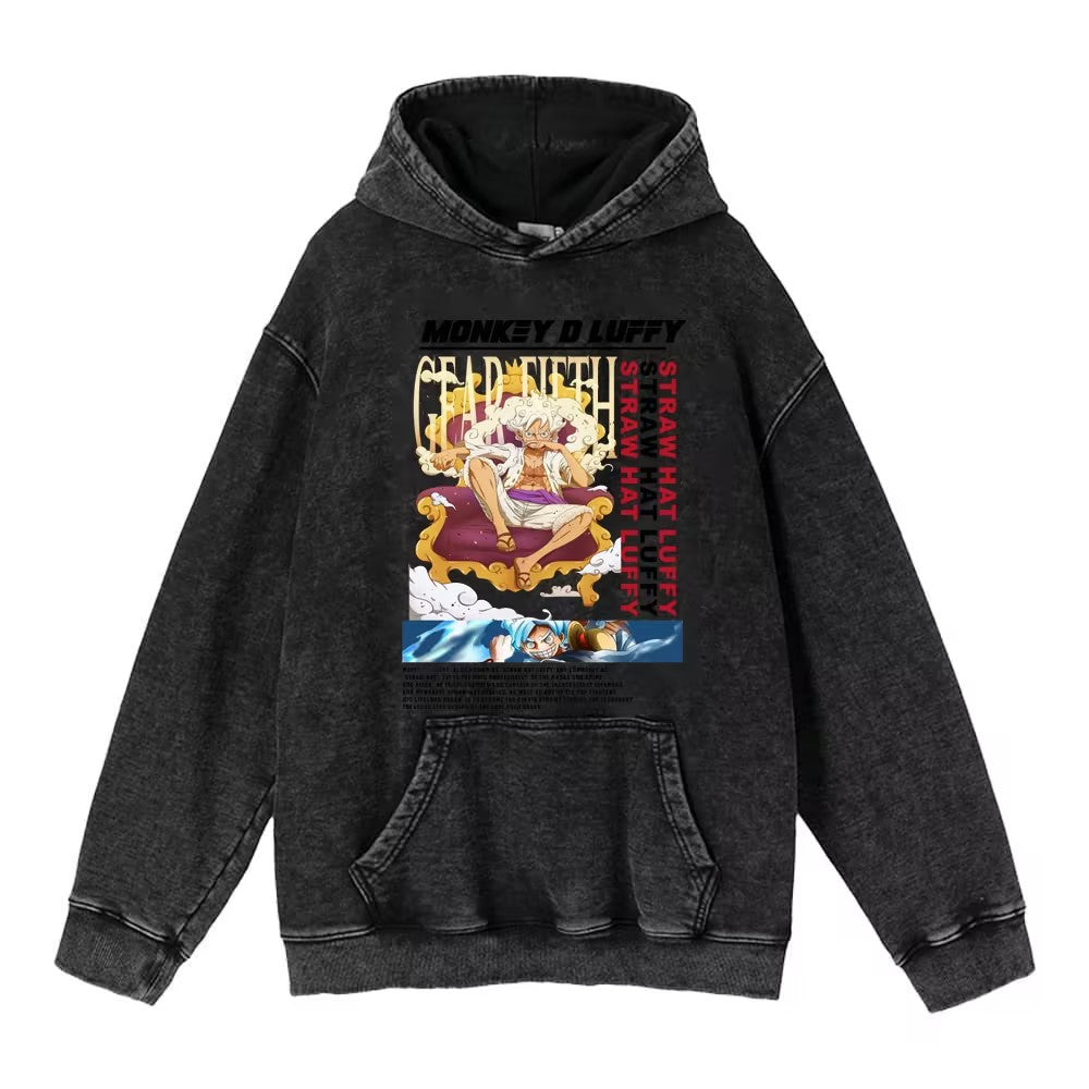Retro Anime Printed Pullover Washed Hoodie