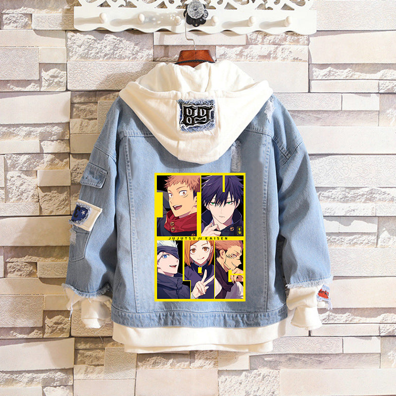 Unisex Anime Fake Two-piece Hooded Denim Jacket