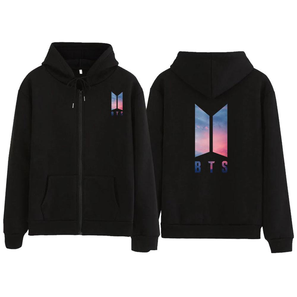 Casual Kpop Letter Black Zipper Hoodie